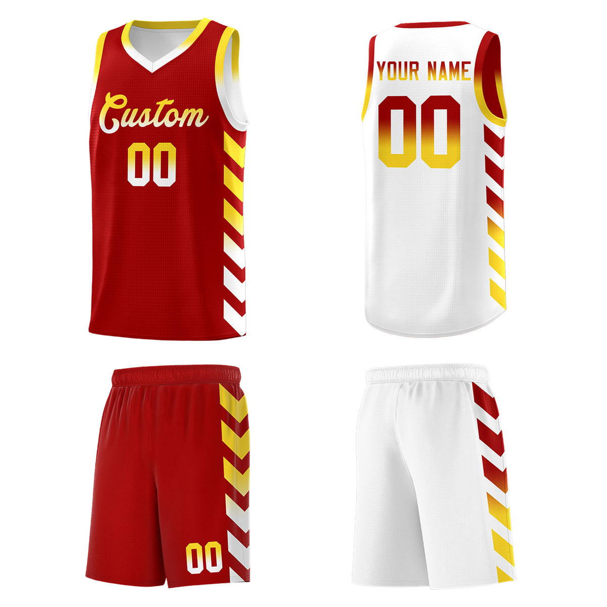 Custom White Red Reversible Basketball Jersey Kits - Side Arrow Red Gold Gradient