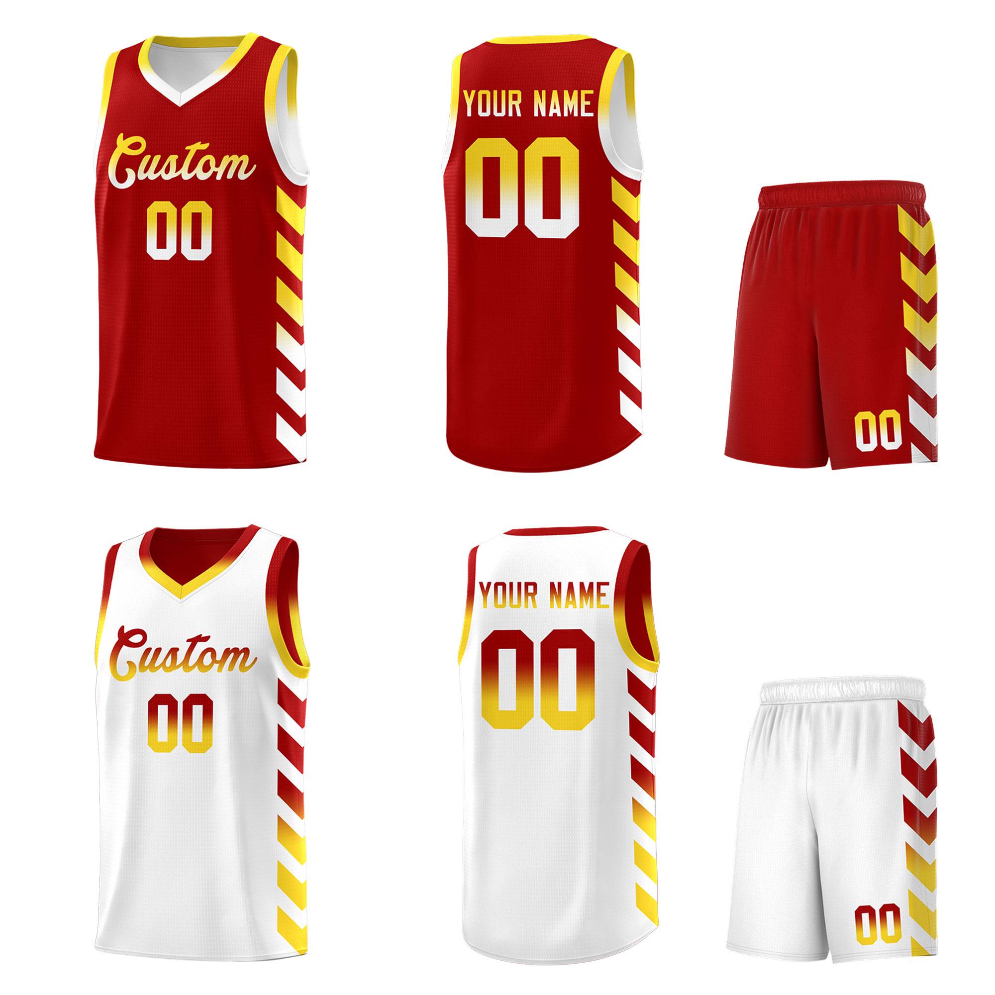 Custom White Red Reversible Basketball Jersey Kits - Side Arrow Red Gold Gradient