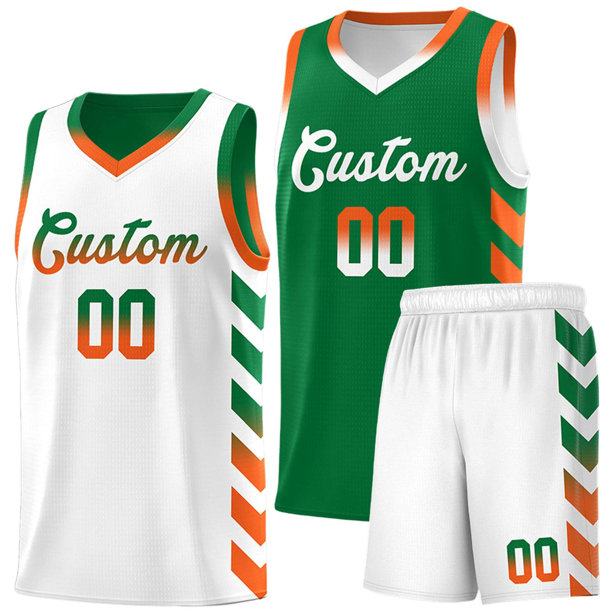 Custom White Kelly Green Reversible Basketball Jersey Kits - Side Arrow Kelly Green Orange Gradient