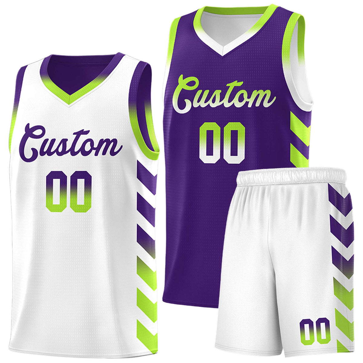 Custom White Purple Reversible Basketball Jersey Kits - Side Arrow Purple Neon Green Gradient