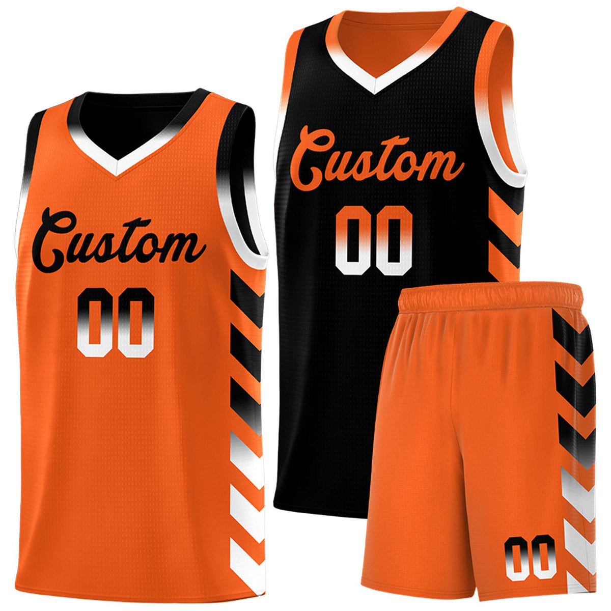 Custom Orange Black Reversible Basketball Jersey Kits - Side Arrow Black White Gradient