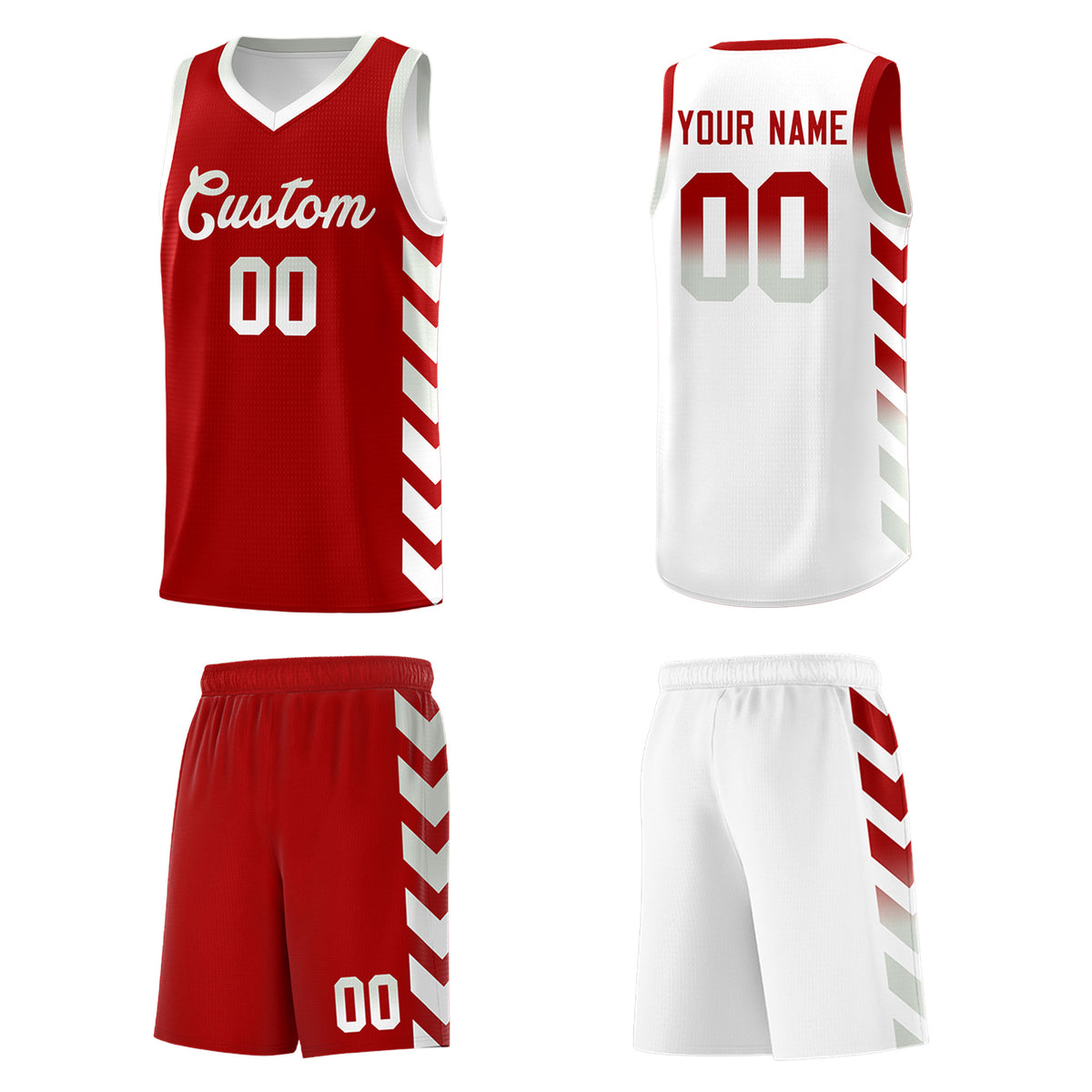 Custom White Red Reversible Basketball Jersey Kits - Side Arrow Red Gray Gradient