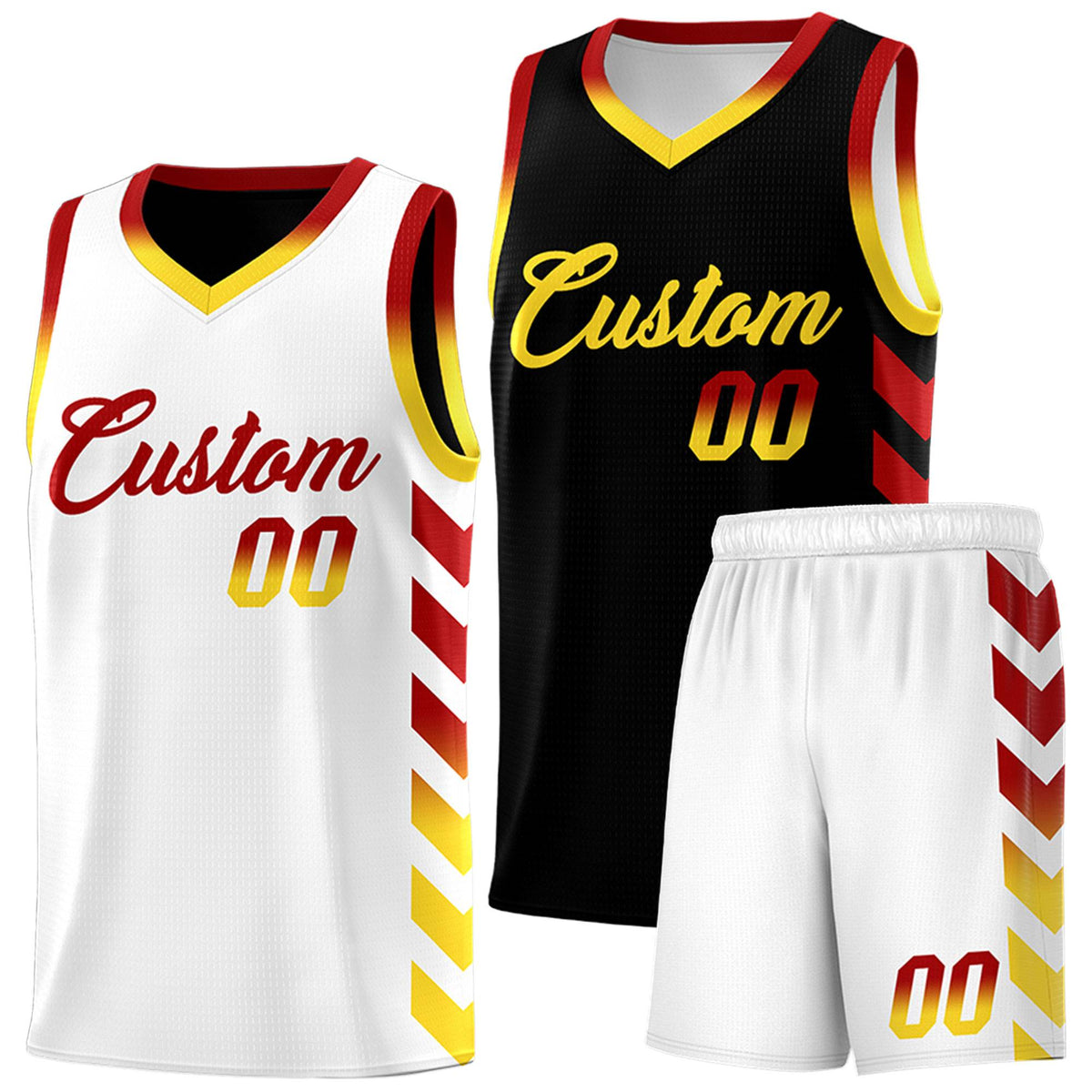 Custom White Black Reversible Basketball Jersey Kits - Side Arrow Red Gold Gradient