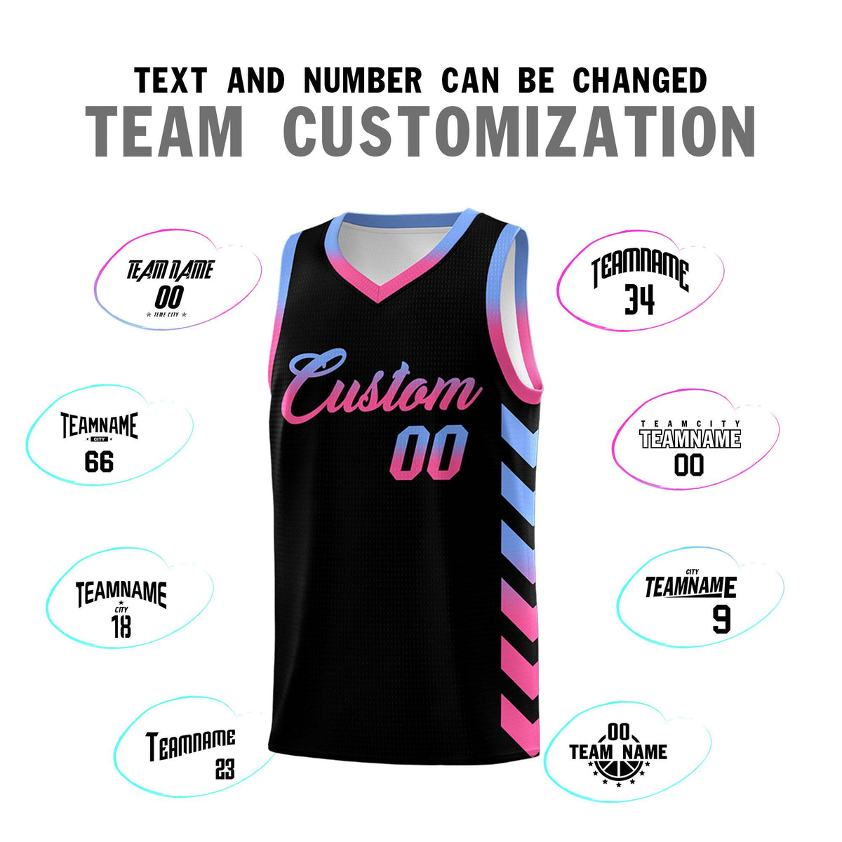 Custom White Black Reversible Basketball Jersey Kits - Side Arrow Light Blue Pink Gradient