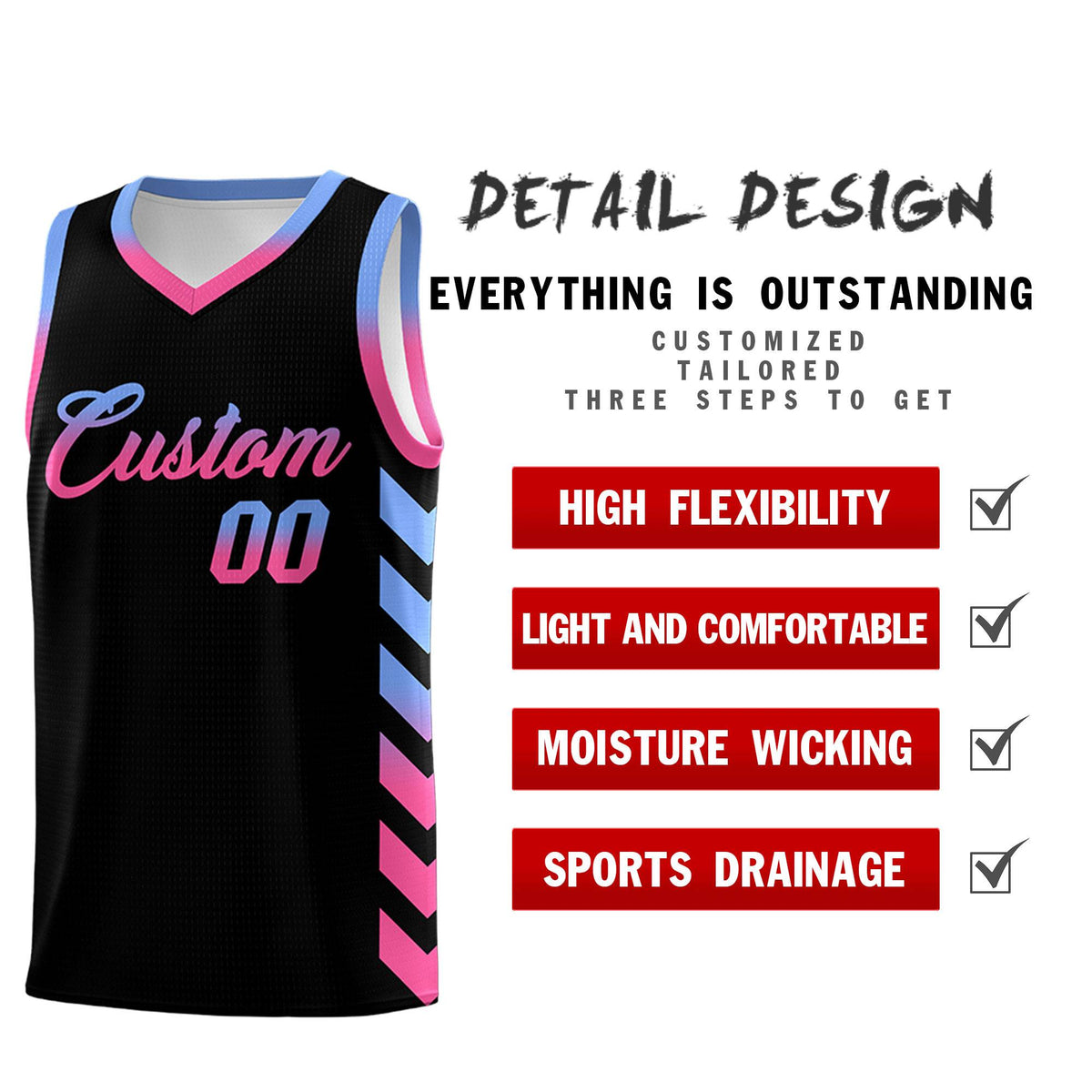 Custom White Black Reversible Basketball Jersey Kits - Side Arrow Light Blue Pink Gradient