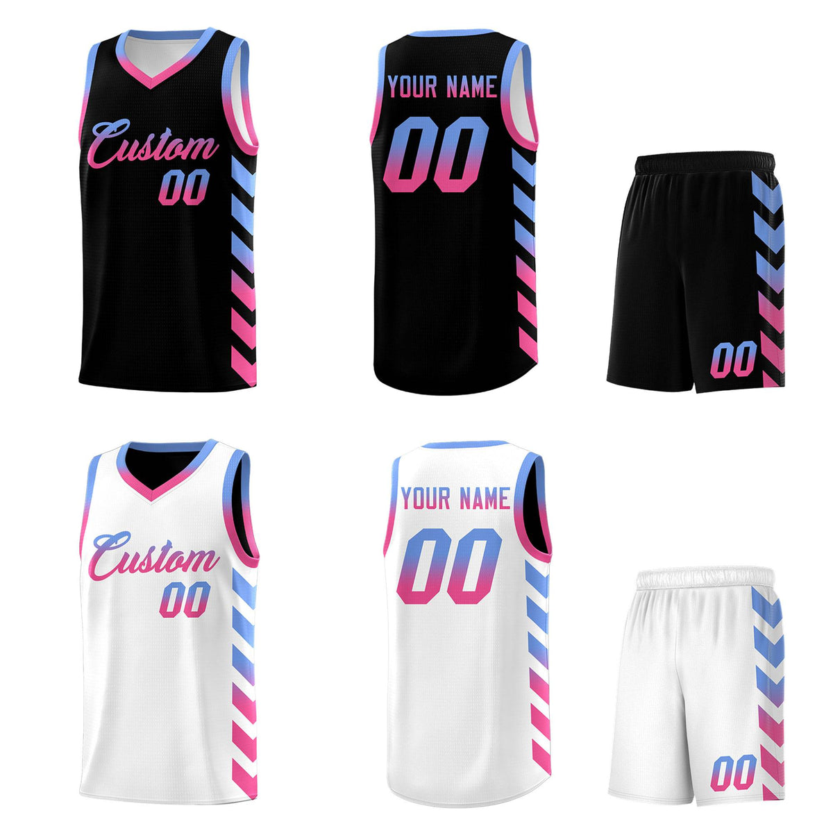 Custom White Black Reversible Basketball Jersey Kits - Side Arrow Light Blue Pink Gradient
