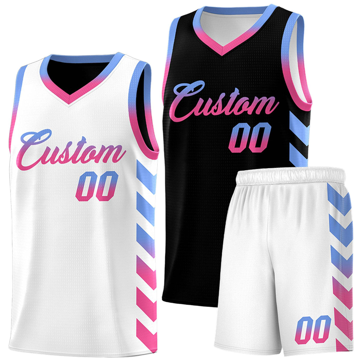 Custom White Black Reversible Basketball Jersey Kits - Side Arrow Light Blue Pink Gradient