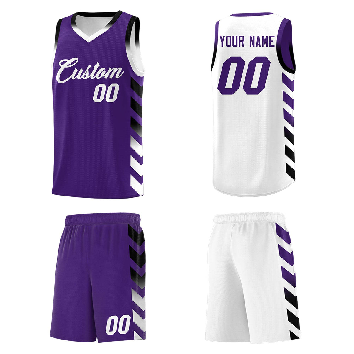 Custom White Purple Reversible Basketball Jersey Kits - Side Arrow Purple Black Gradient