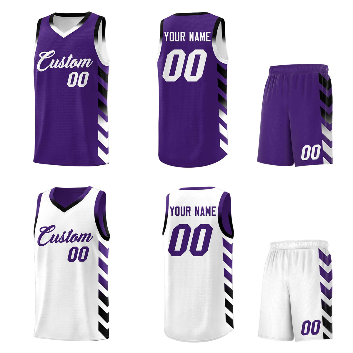 Custom White Purple Reversible Basketball Jersey Kits - Side Arrow Purple Black Gradient