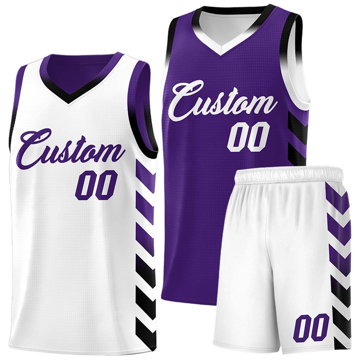 Custom White Purple Reversible Basketball Jersey Kits - Side Arrow Purple Black Gradient