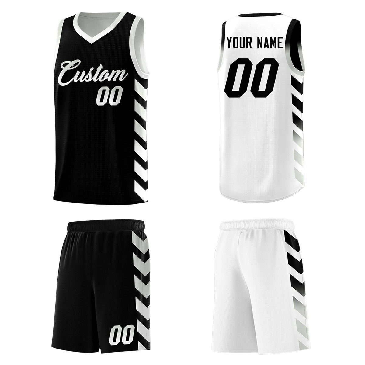 Custom White Black Reversible Basketball Jersey Kits - Side Arrow Black Gray Gradient