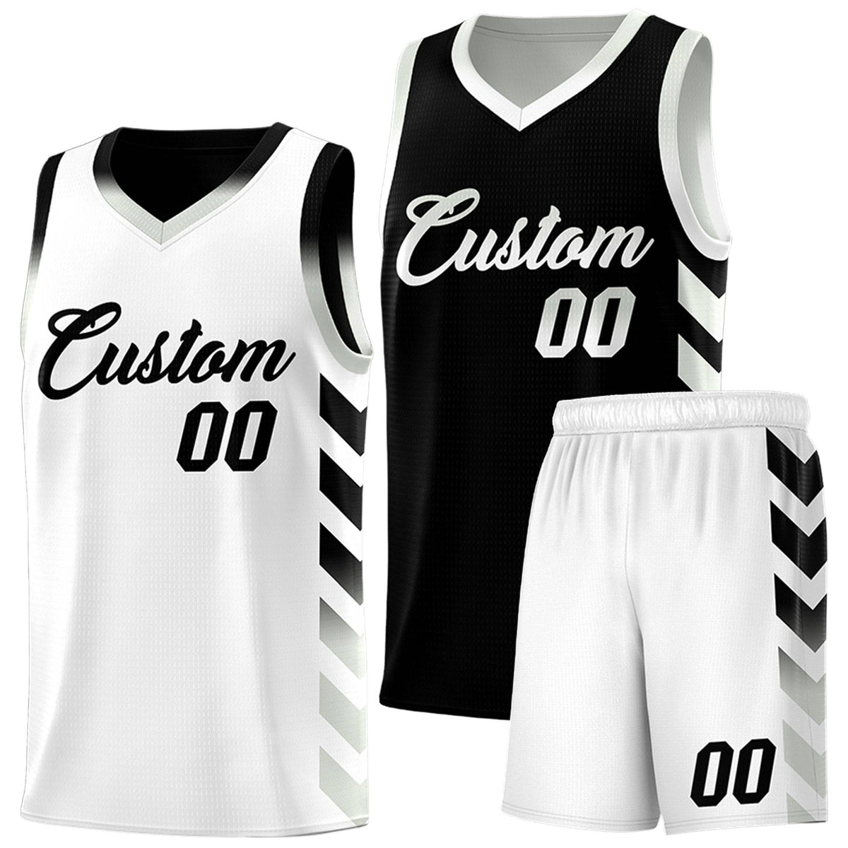 Custom White Black Reversible Basketball Jersey Kits - Side Arrow Black Gray Gradient