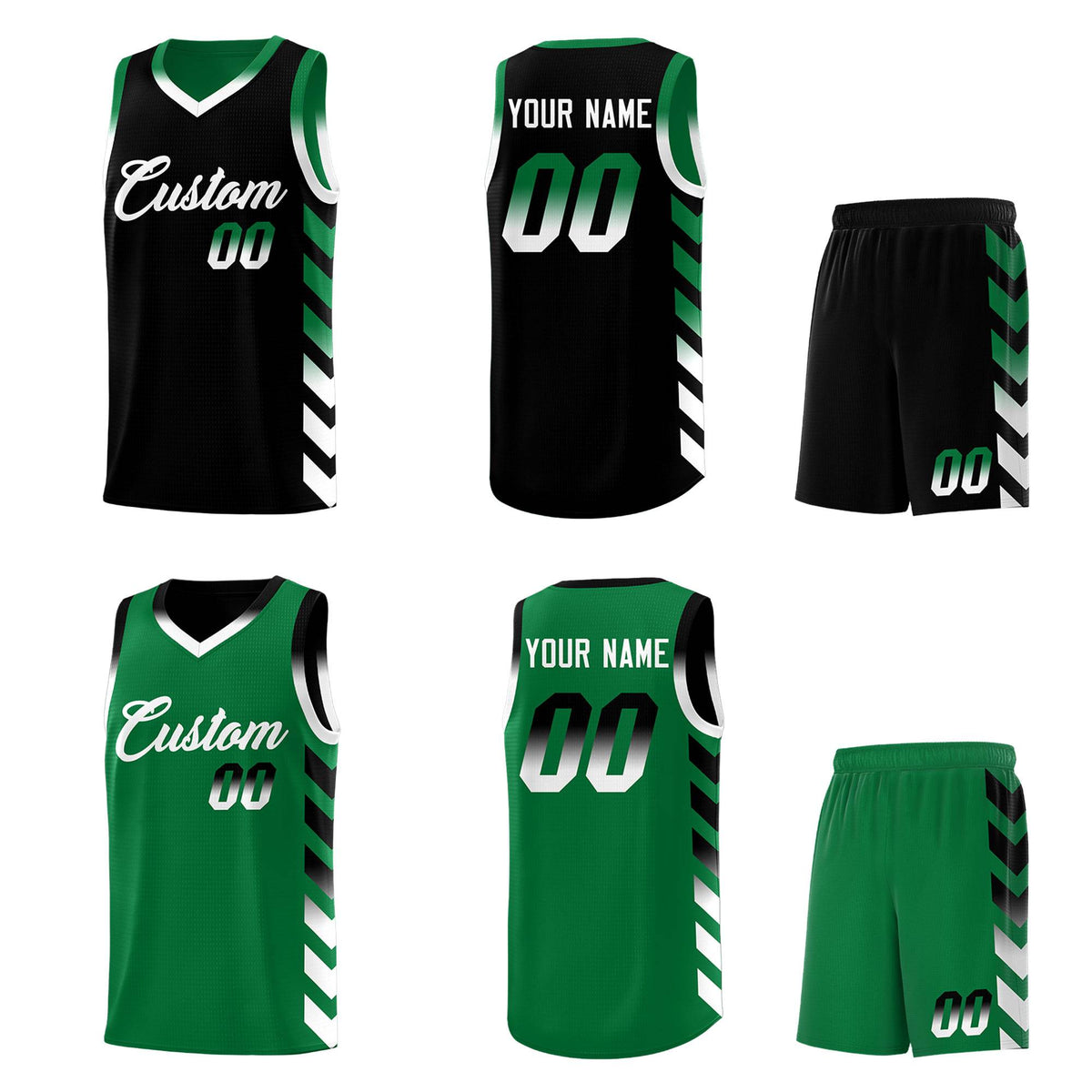 Custom Kelly Green Black Reversible Basketball Jersey Kits - Side Arrow Black White Gradient