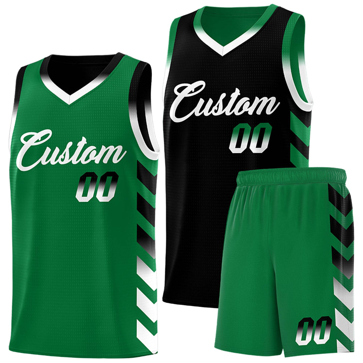 Custom Kelly Green Black Reversible Basketball Jersey Kits - Side Arrow Black White Gradient