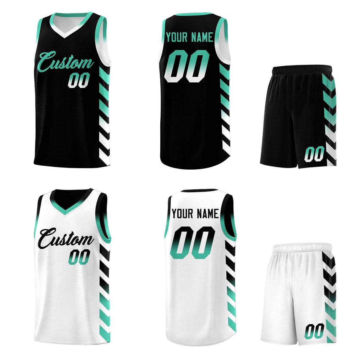 Custom White Black Reversible Basketball Jersey Kits - Side Arrow Black Bright Green Gradient