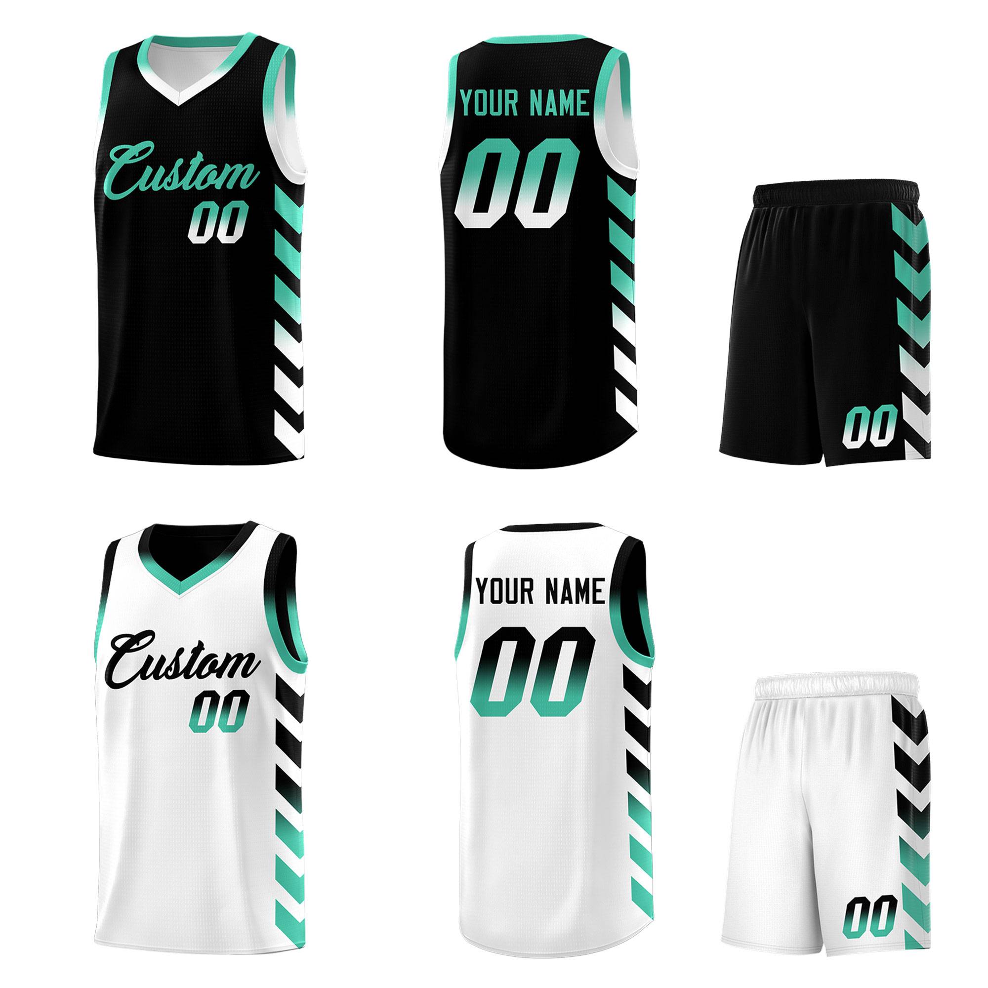 Custom White Black Reversible Basketball Jersey Kits - Side Arrow Black Bright Green Gradient