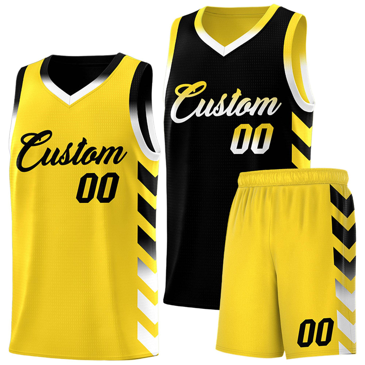 Custom Gold Black Reversible Basketball Jersey Kits - Side Arrow Black White Gradient