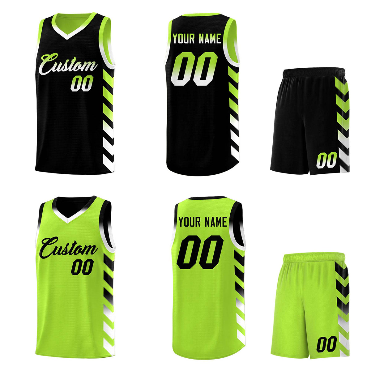 Custom Neon Greed Black Reversible Basketball Jersey Kits - Side Arrow Black White Gradient