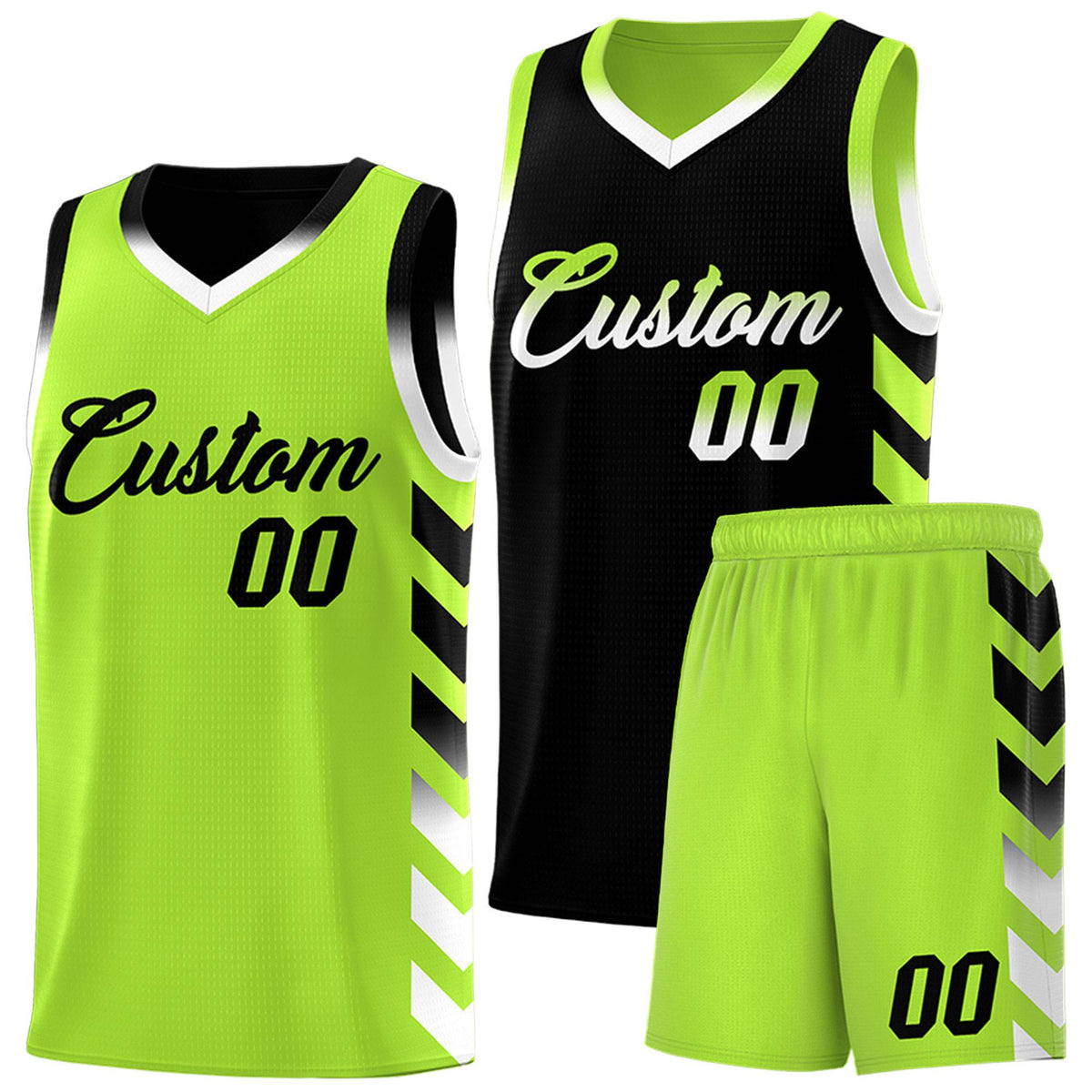 Custom Neon Greed Black Reversible Basketball Jersey Kits - Side Arrow Black White Gradient