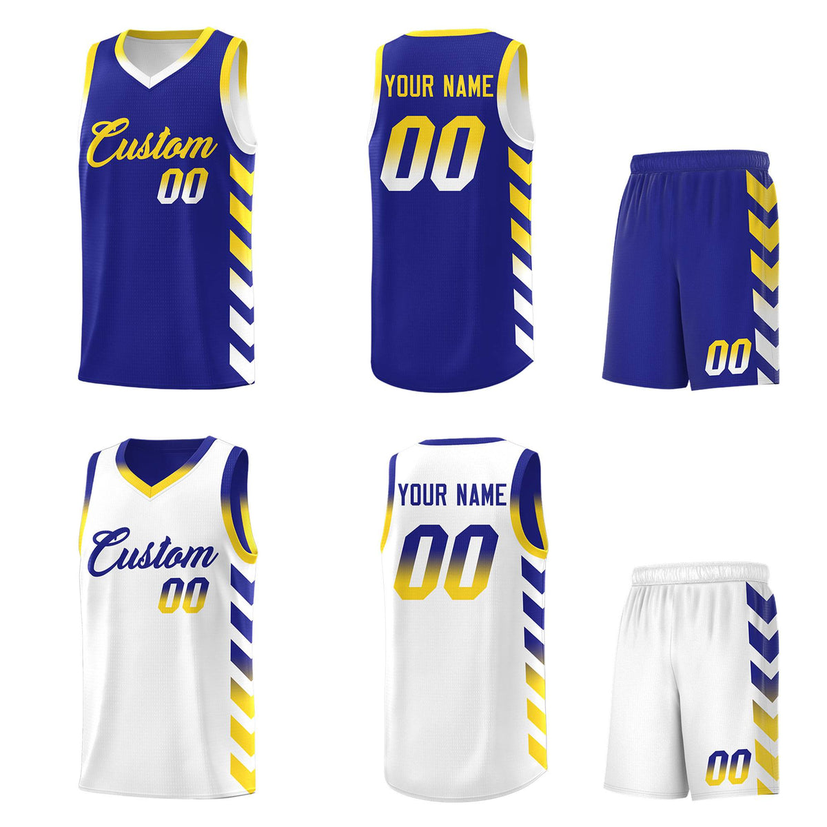 Custom White Royal Reversible Basketball Jersey Kits - Side Arrow Royal Gold Gradient