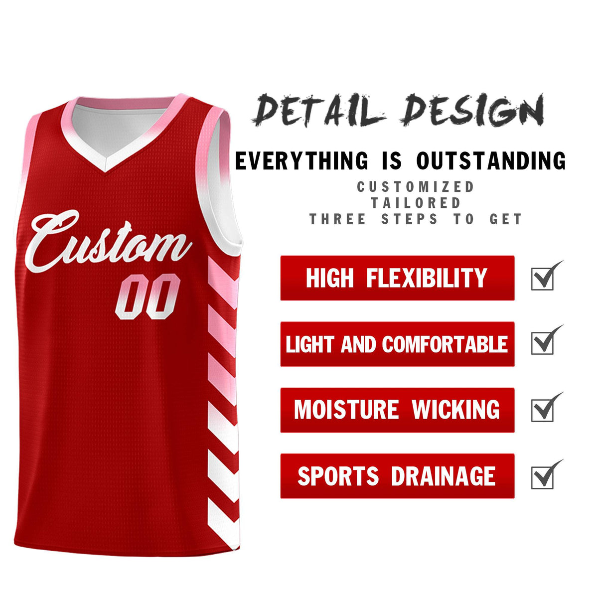 Custom White Red Reversible Basketball Jersey Kits - Side Arrow Red Light Pink Gradient