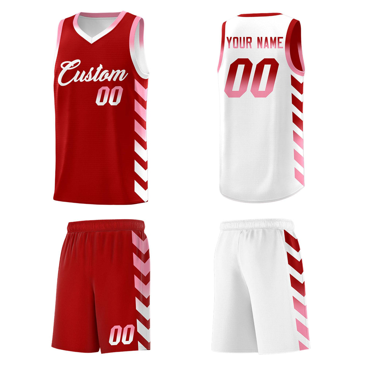 Custom White Red Reversible Basketball Jersey Kits - Side Arrow Red Light Pink Gradient