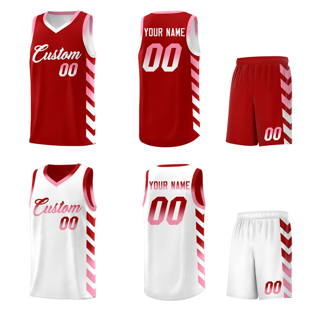 Custom White Red Reversible Basketball Jersey Kits - Side Arrow Red Light Pink Gradient