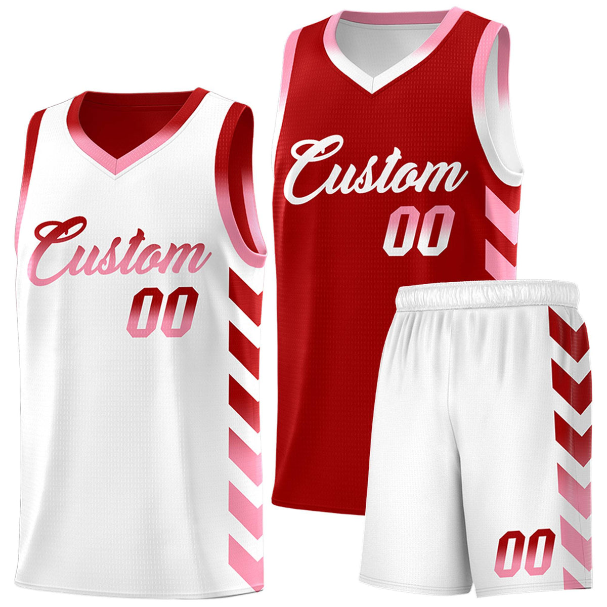 Custom White Red Reversible Basketball Jersey Kits - Side Arrow Red Light Pink Gradient