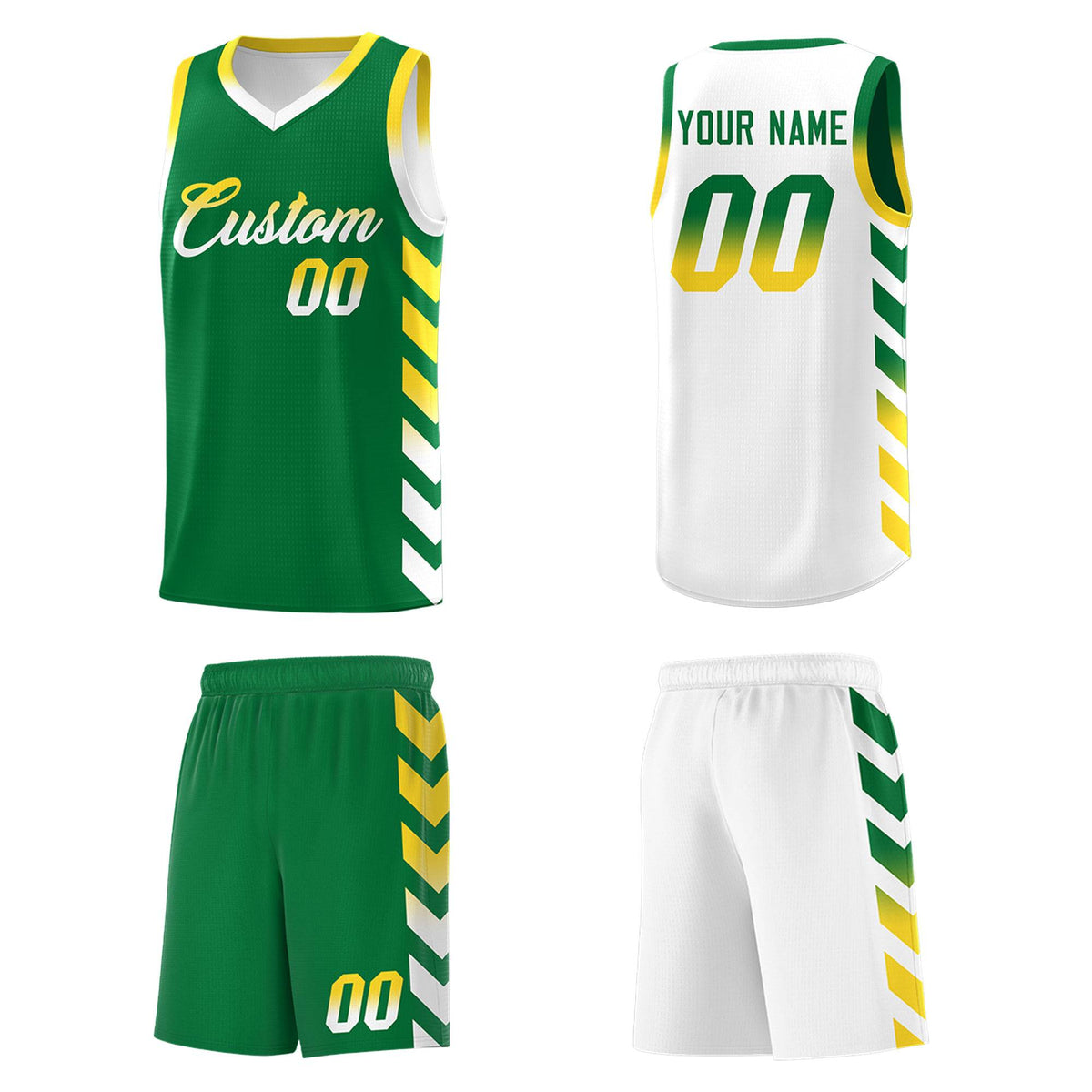 Custom White Kelly Green Reversible Basketball Jersey Kits - Side Arrow Kelly Green Gold Gradient