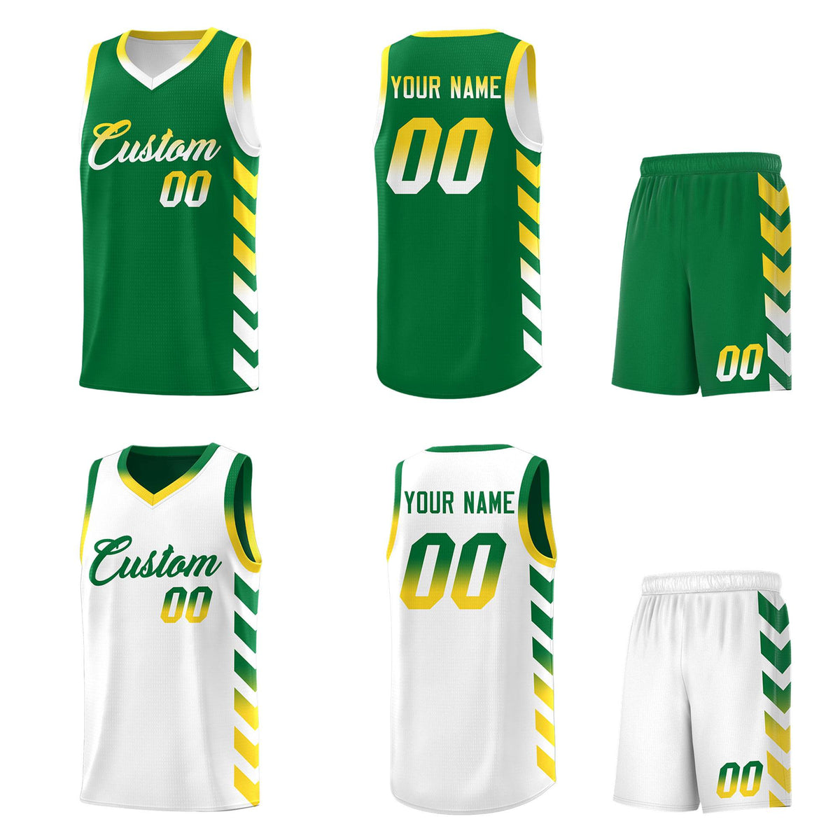 Custom White Kelly Green Reversible Basketball Jersey Kits - Side Arrow Kelly Green Gold Gradient