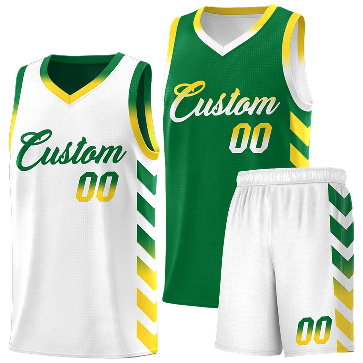 Custom White Kelly Green Reversible Basketball Jersey Kits - Side Arrow Kelly Green Gold Gradient