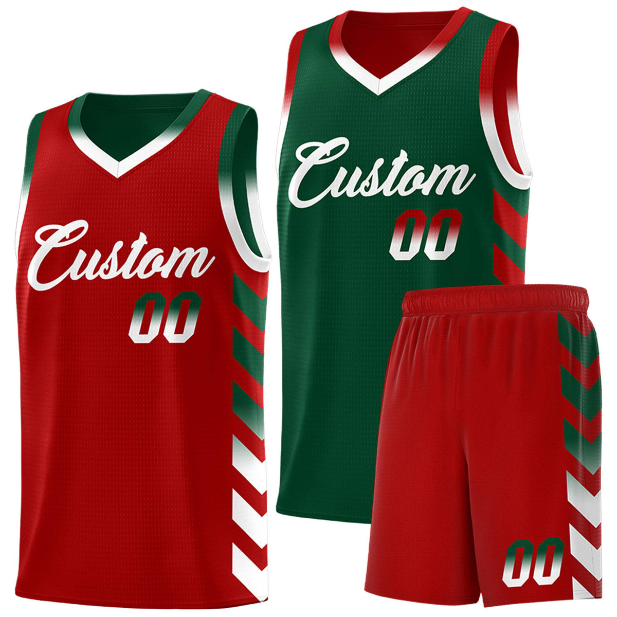 Custom Red Green Reversible Basketball Jersey Kits - Side Arrow Green White Gradient