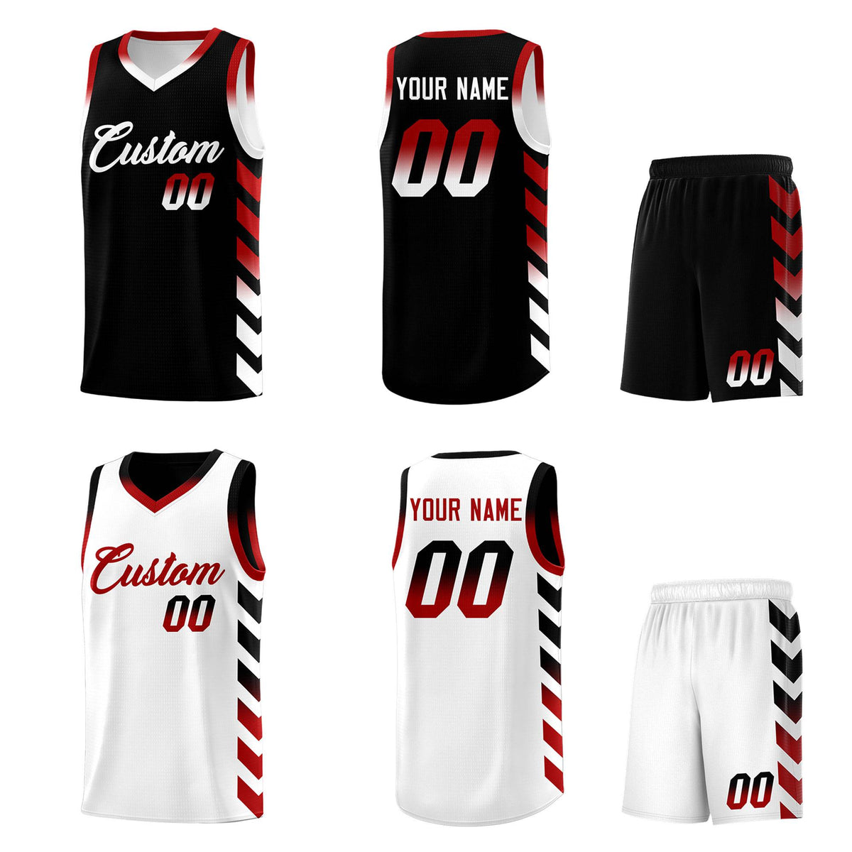 Custom White Black Reversible Basketball Jersey Kits - Side Arrow Black Red Gradient