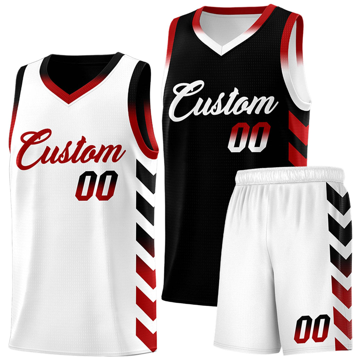 Custom White Black Reversible Basketball Jersey Kits - Side Arrow Black Red Gradient