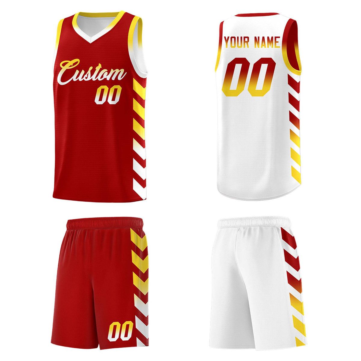 Custom White Red Reversible Basketball Jersey Kits - Side Arrow Red Gold Gradient