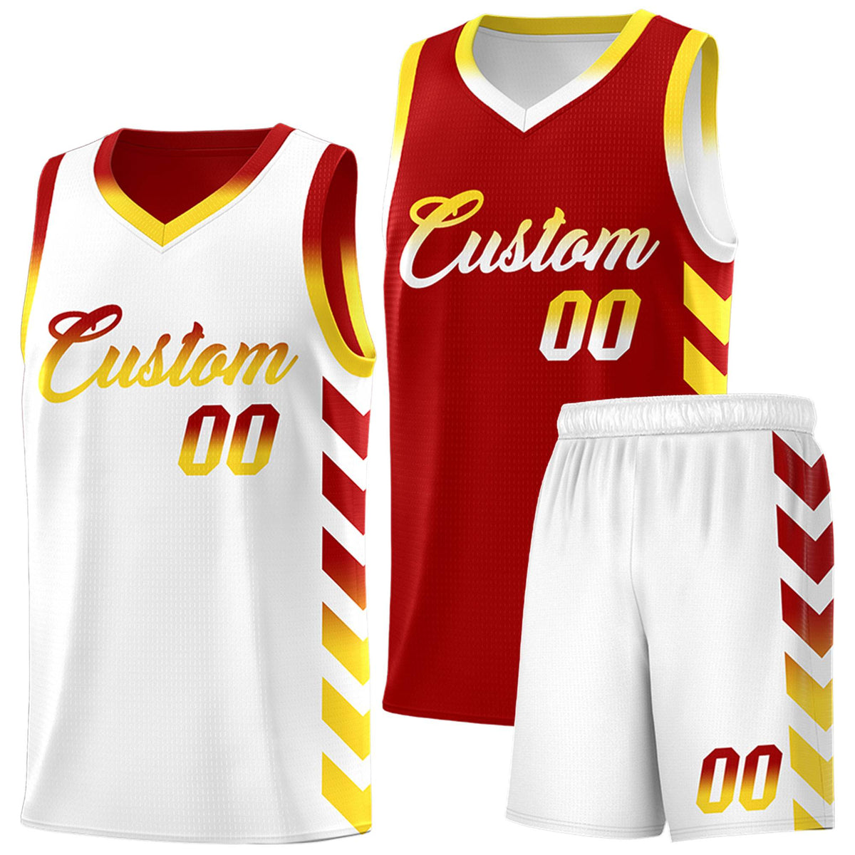 Custom White Red Reversible Basketball Jersey Kits - Side Arrow Red Gold Gradient