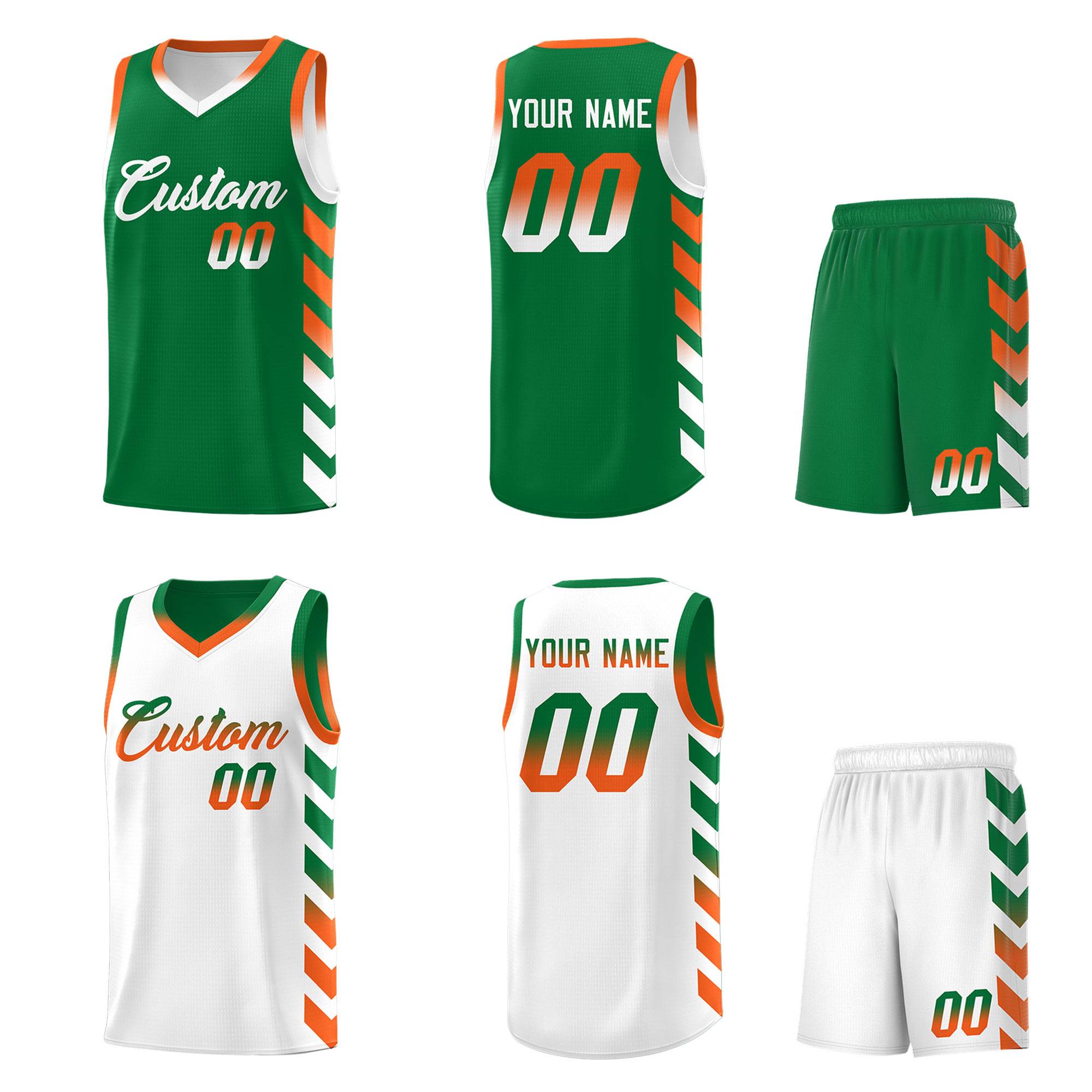 Custom White Kelly Green Reversible Basketball Jersey Kits - Side Arrow Kelly Green Orange Gradient