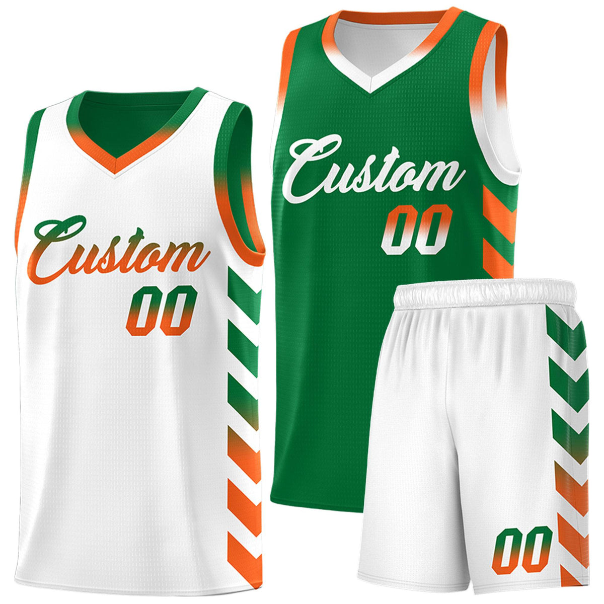 Custom White Kelly Green Reversible Basketball Jersey Kits - Side Arrow Kelly Green Orange Gradient