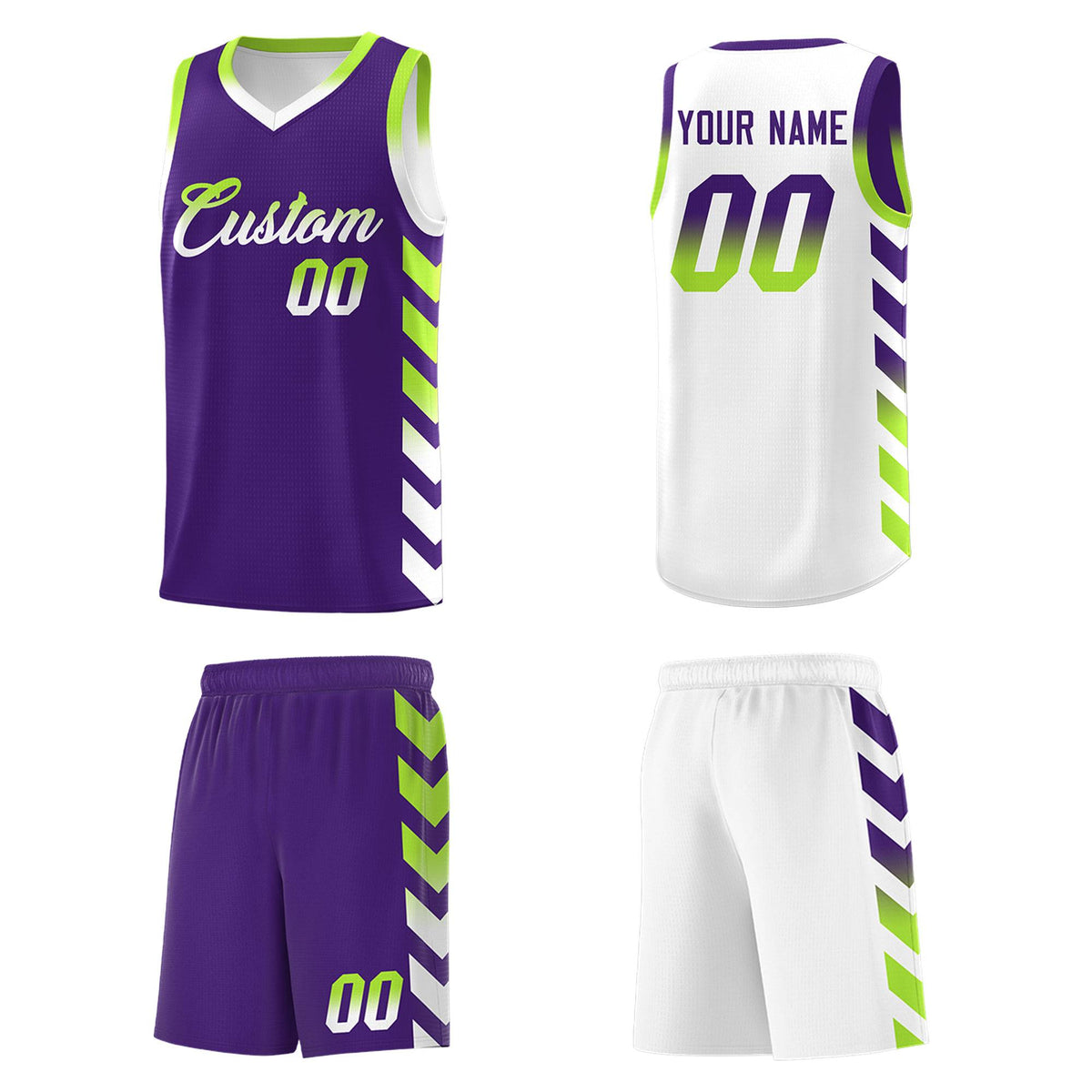 Custom White Purple Reversible Basketball Jersey Kits - Side Arrow Purple Neon Green Gradient