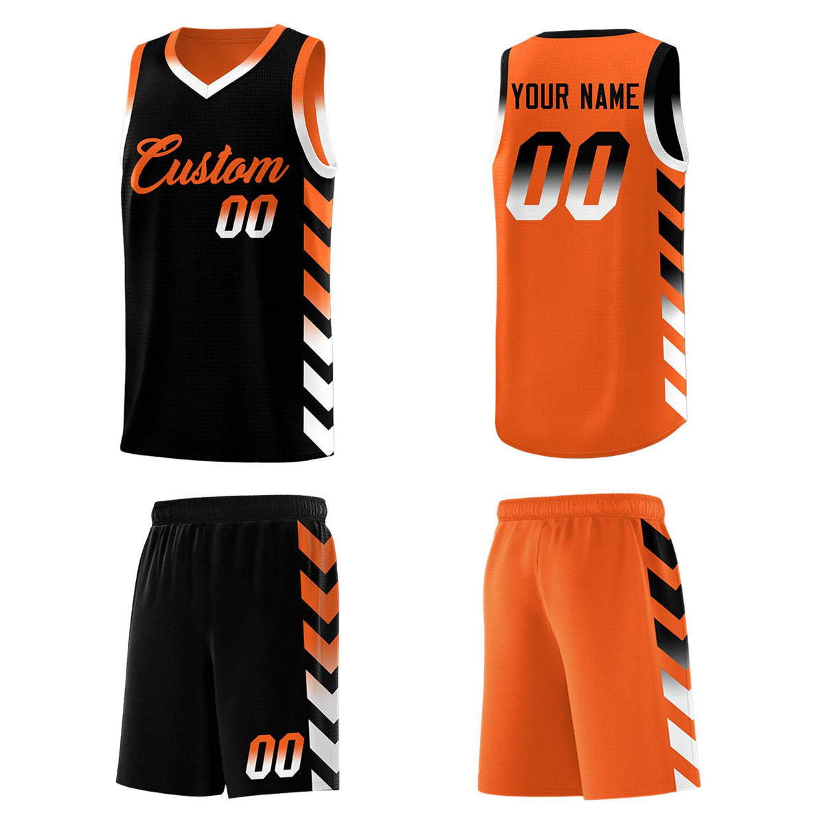 Custom Orange Black Reversible Basketball Jersey Kits - Side Arrow Black White Gradient