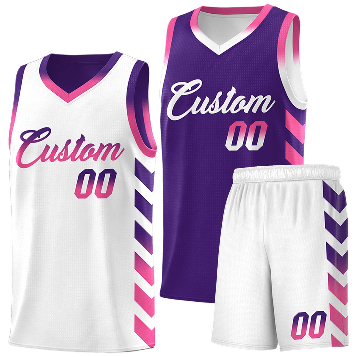 Custom White Purple Reversible Basketball Jersey Kits - Side Arrow Purple Pink Gradient