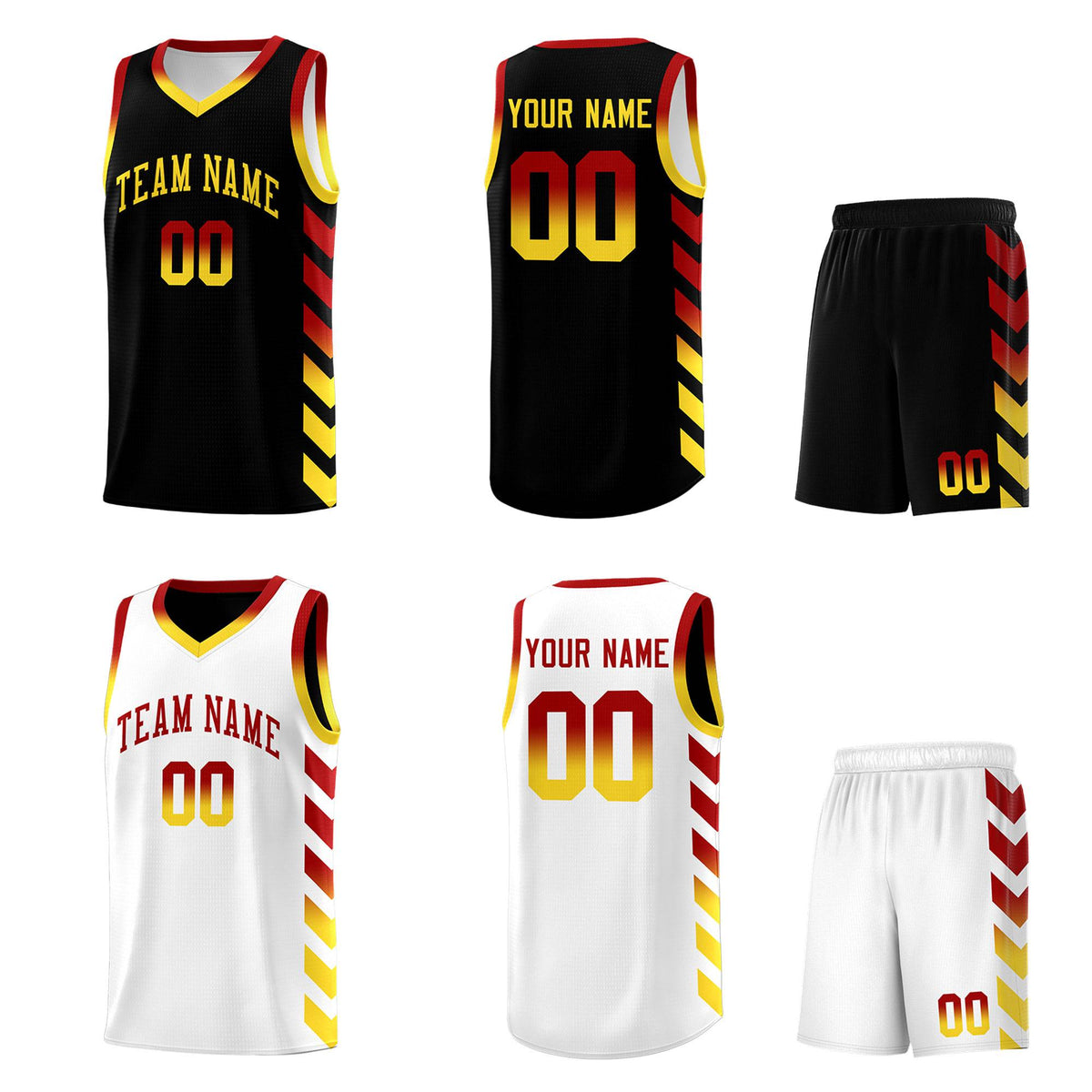 Custom White Black Reversible Basketball Jersey Kits - Side Arrow Red Gold Gradient