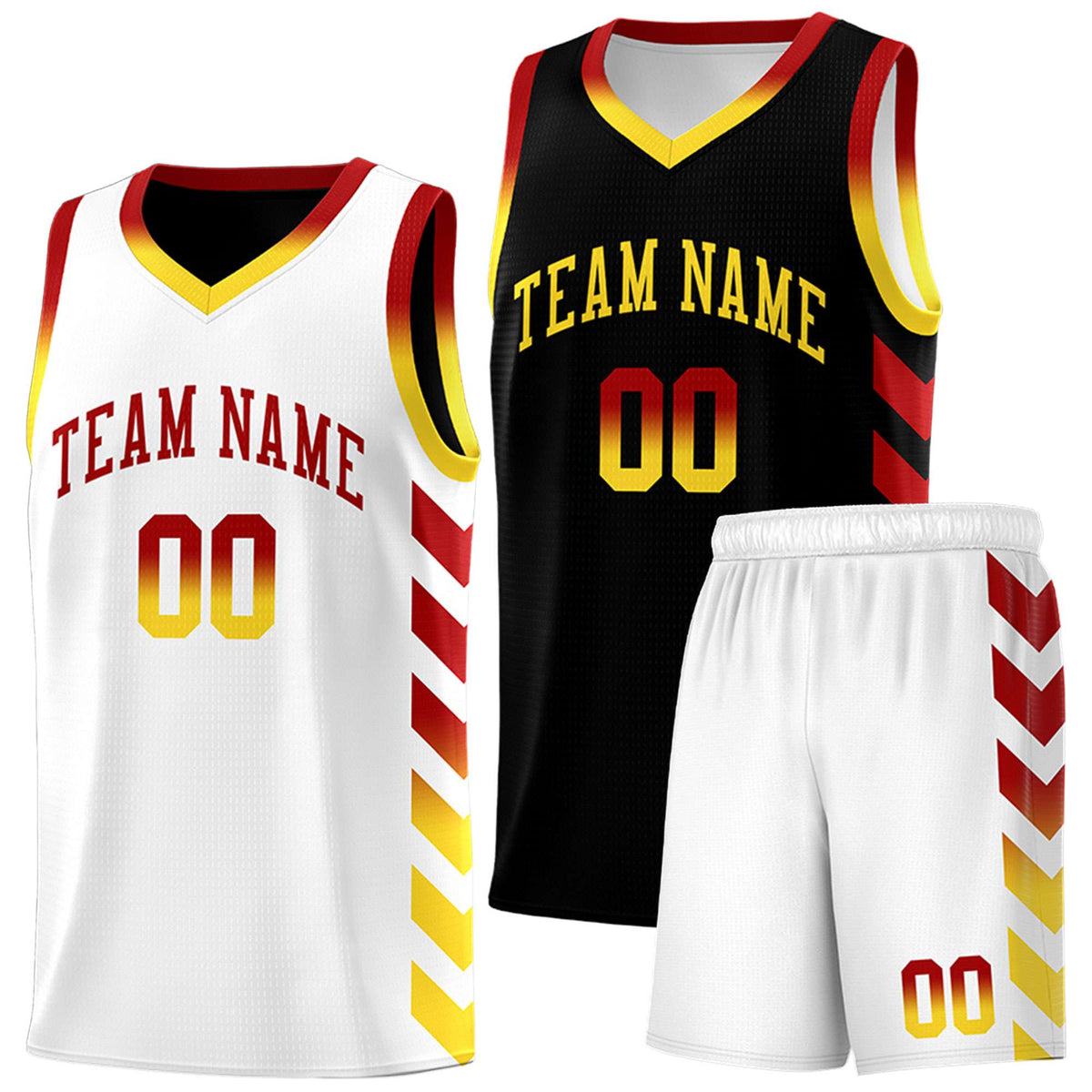 Custom White Black Reversible Basketball Jersey Kits - Side Arrow Red Gold Gradient
