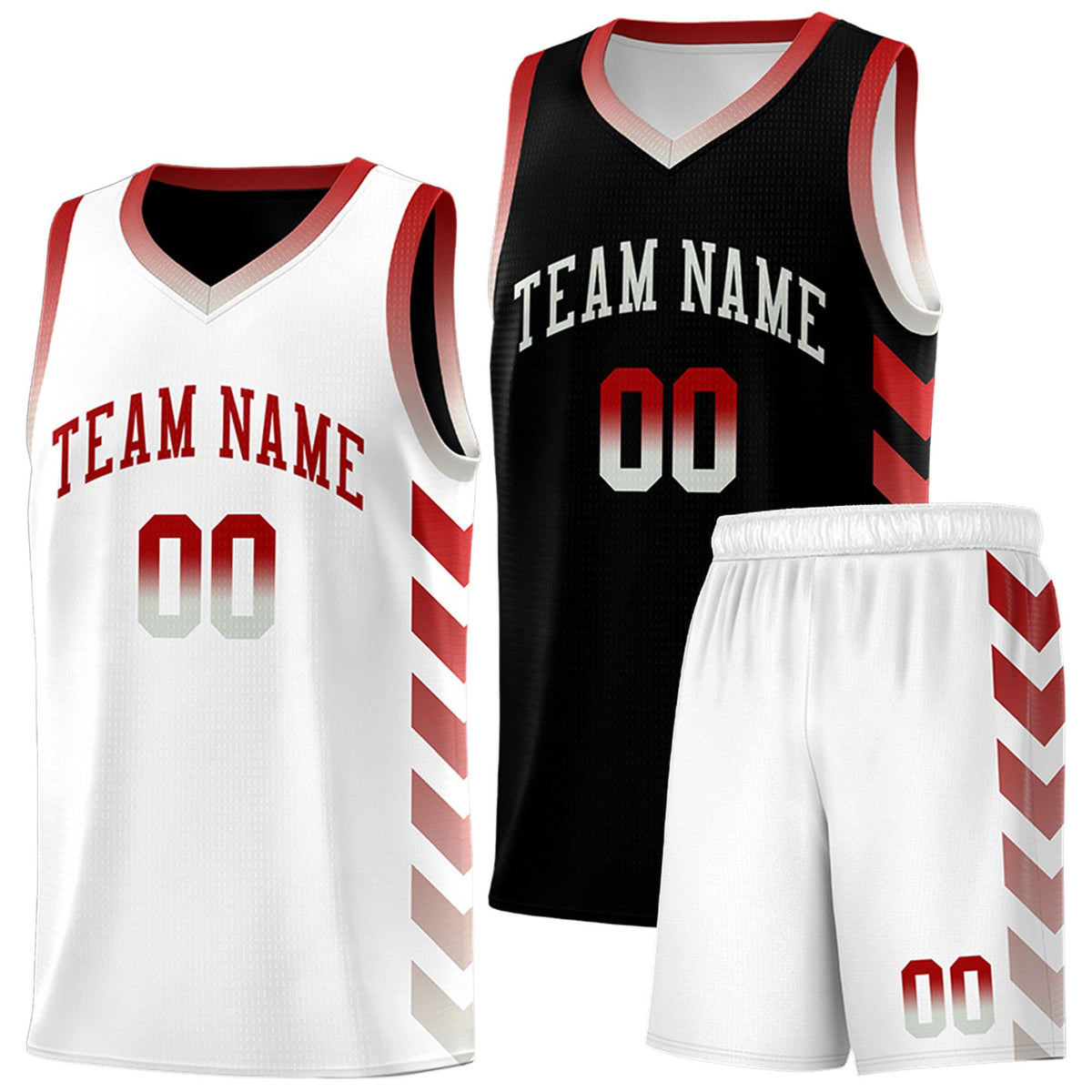 Custom White Black Reversible Basketball Jersey Kits - Side Arrow Red Gray Gradient