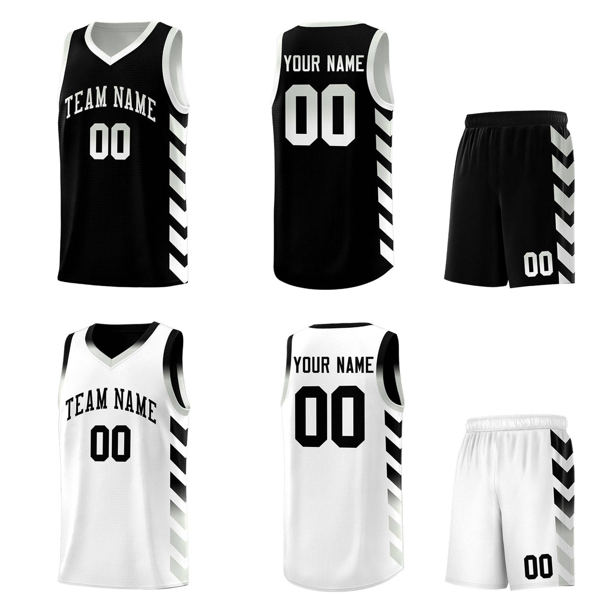 Custom White Black Reversible Basketball Jersey Kits - Side Arrow Black Gray Gradient