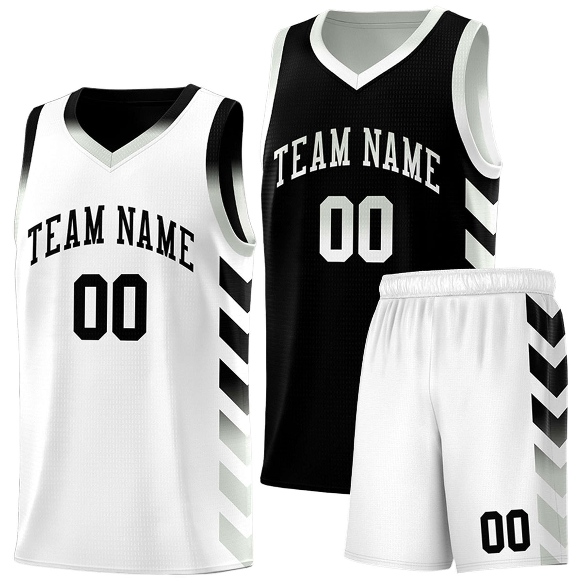 Custom White Black Reversible Basketball Jersey Kits - Side Arrow Black Gray Gradient