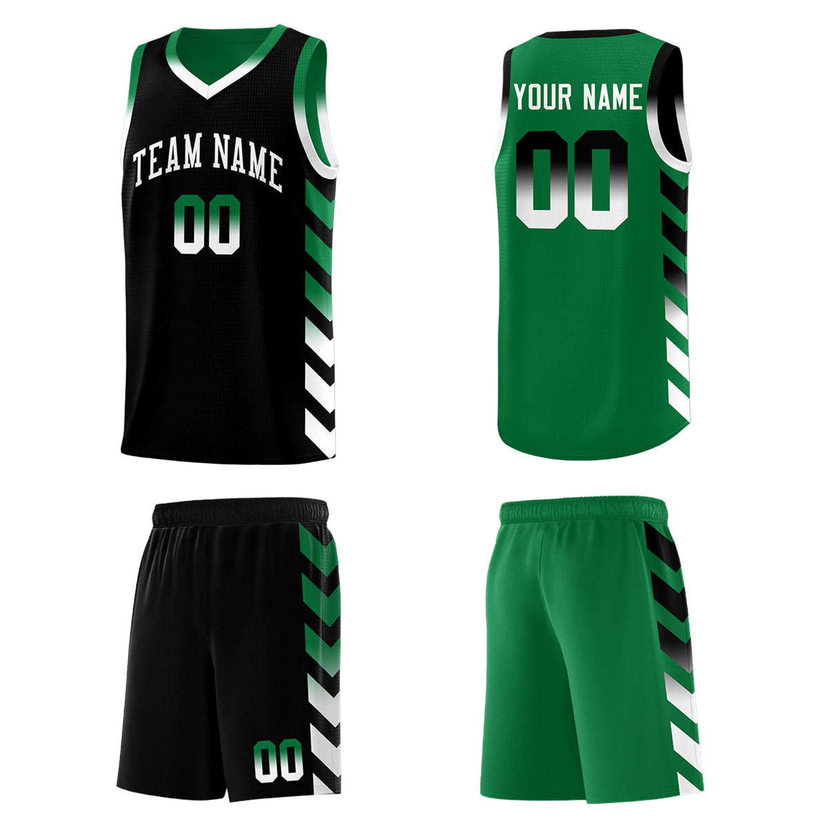 Custom Kelly Green Black Reversible Basketball Jersey Kits - Side Arrow Black White Gradient