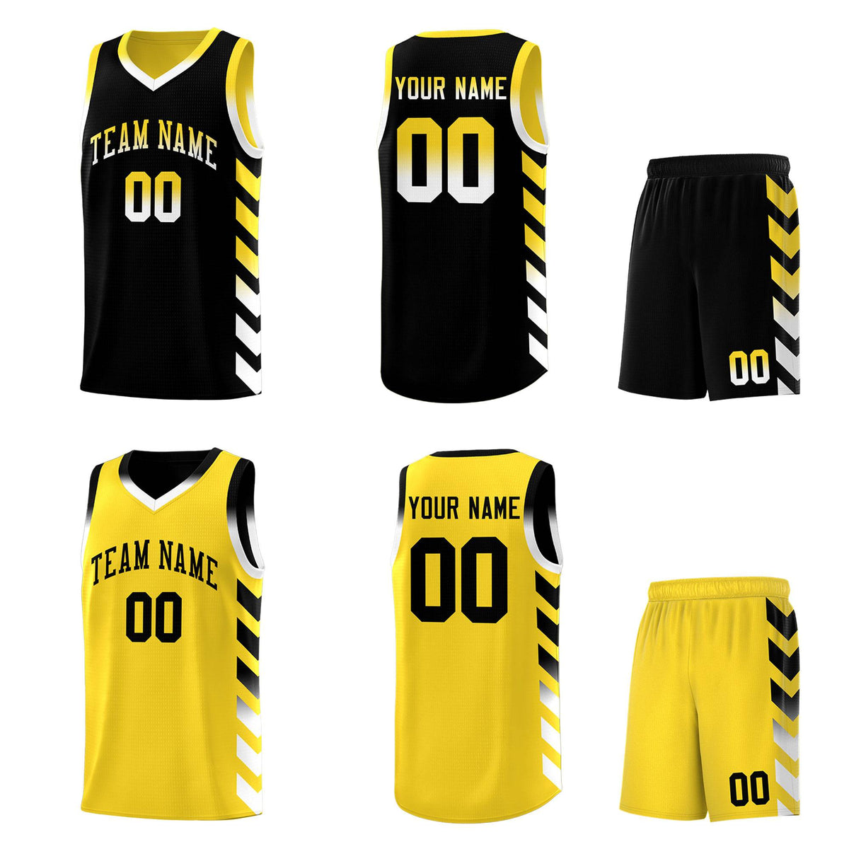 Custom Gold Black Reversible Basketball Jersey Kits - Side Arrow Black White Gradient