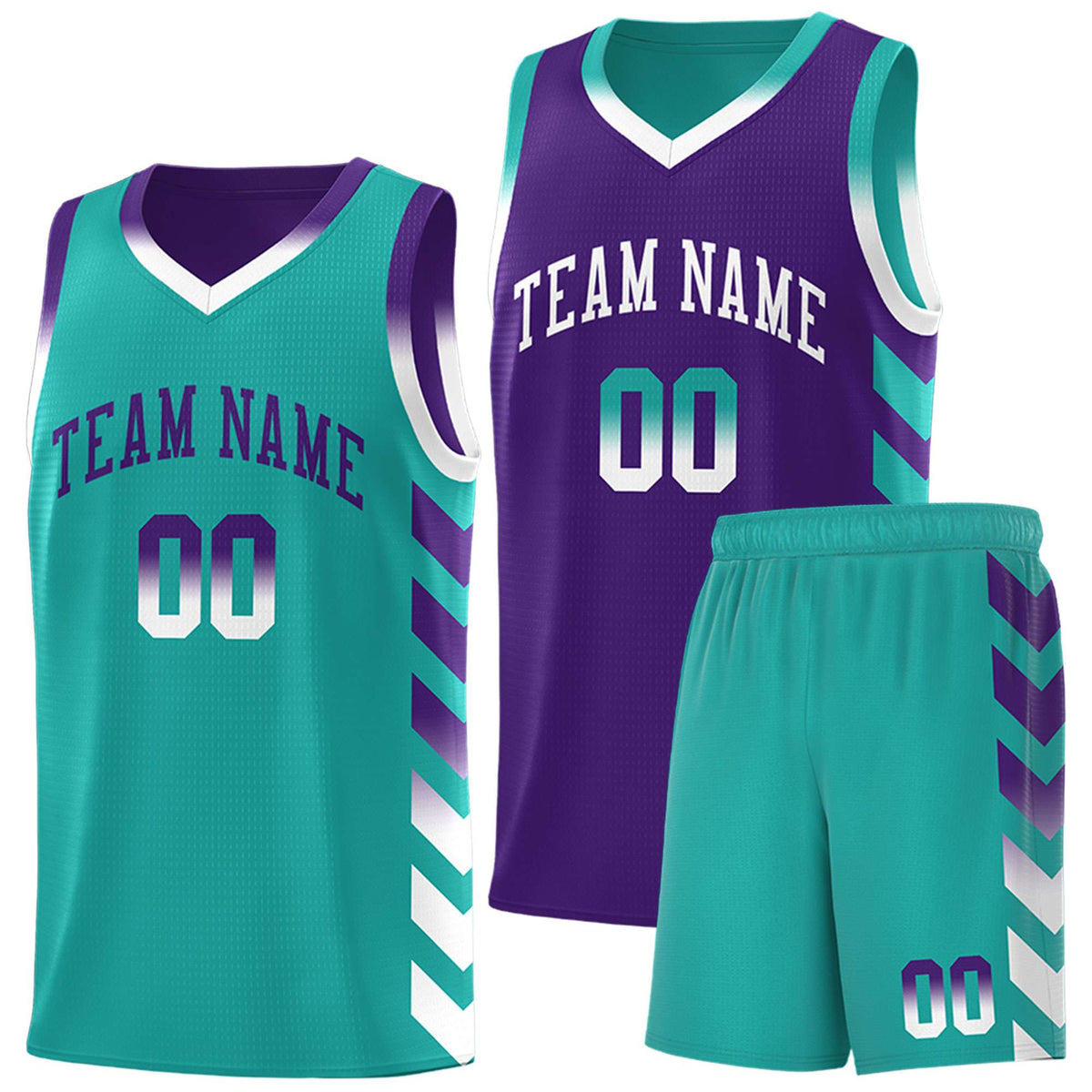Custom Aqua Purple Reversible Basketball Jersey Kits - Side Arrow Purple White Gradient