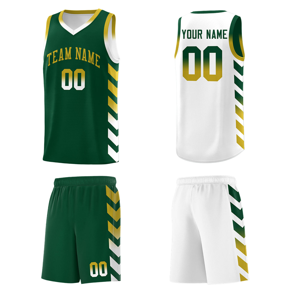 Custom White Green Reversible Basketball Jersey Kits - Side Arrow Green Old Gold Gradient